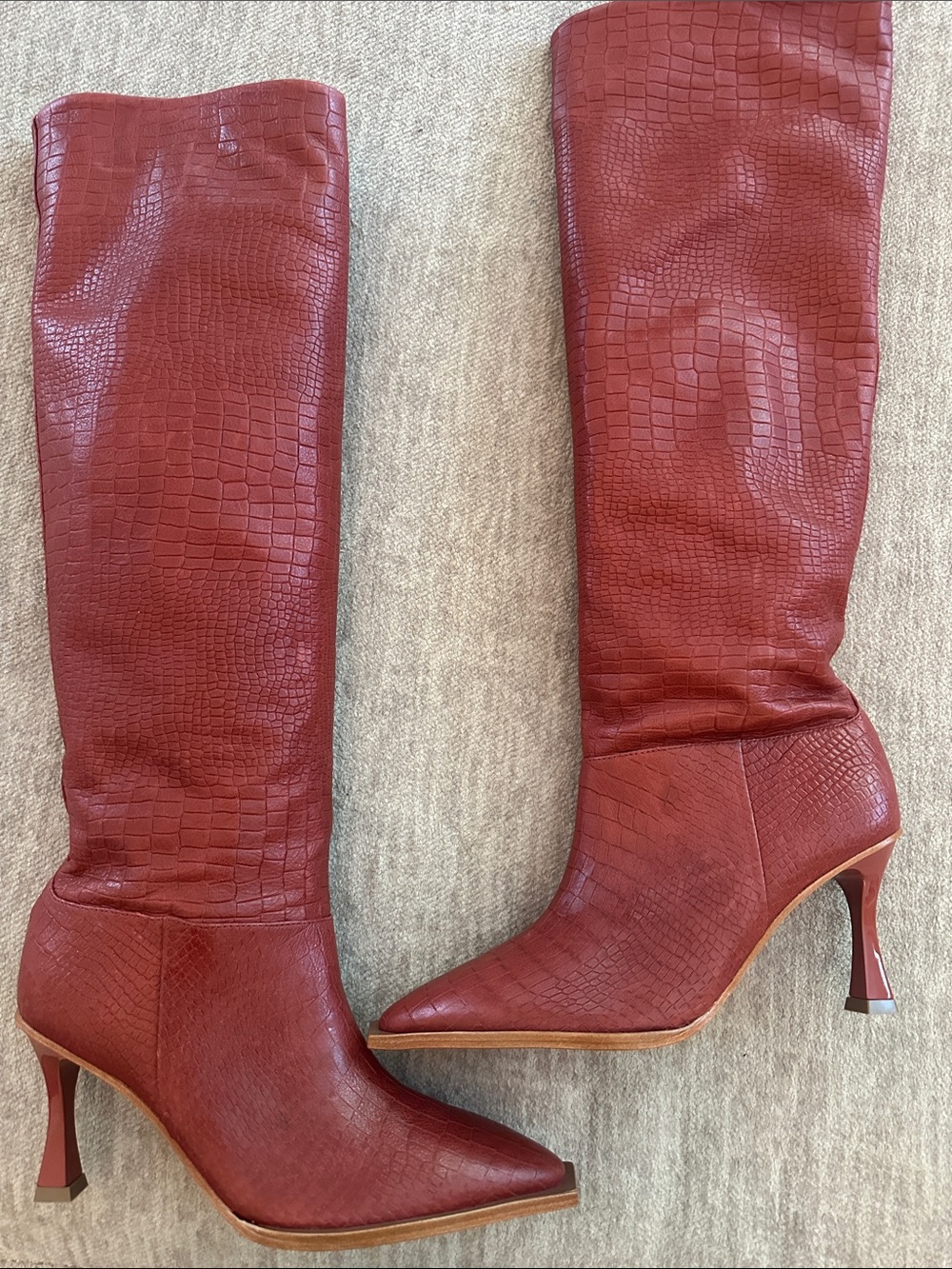 Croc-Embossed Over-the-Knee Pointed Boot in Brick Red